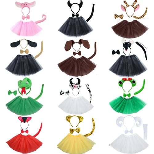 Girls Kids Halloween Jungle Animal Costume Set Ears Headband Tail Bow Skirt Fancy Dress Cosplay Party Christmas Hair Accessories