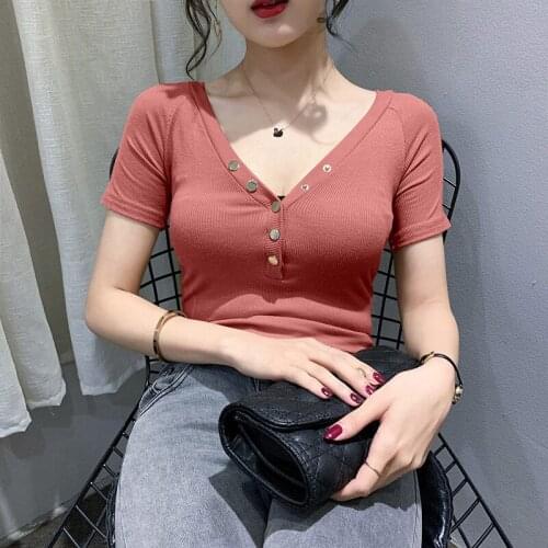 Women Spring Summer Style Sexy T-Shirts Tops Lady Casual Slim V-Neck Strap Collar Short Sleeve Sexy Tees Tshits ZZ0124