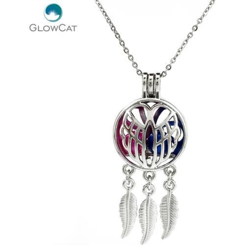 K710 Silver Alloy Beaty Dream Catcher Angel Wings Leaf Pearl Cage Pendant Chain Aroma Locket Necklace