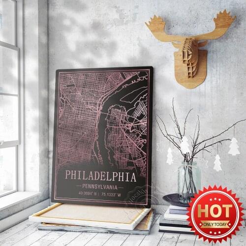 America Philadelphia Pennsylvania Map Art Poster, World Travel City Street Black Pink Map Commemorate Wall Picture, Bar Pub Club