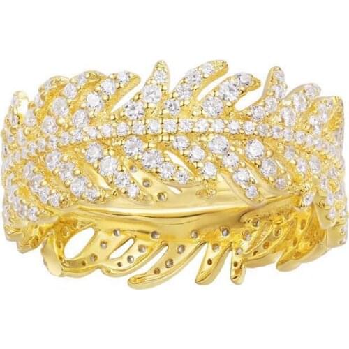 SLJELY Top Quality 925 Sterling Silver Yellow Gold Color Leaf Feather Finger Ring Full Micro Cubic Zirconia Women Luxury Jewelry