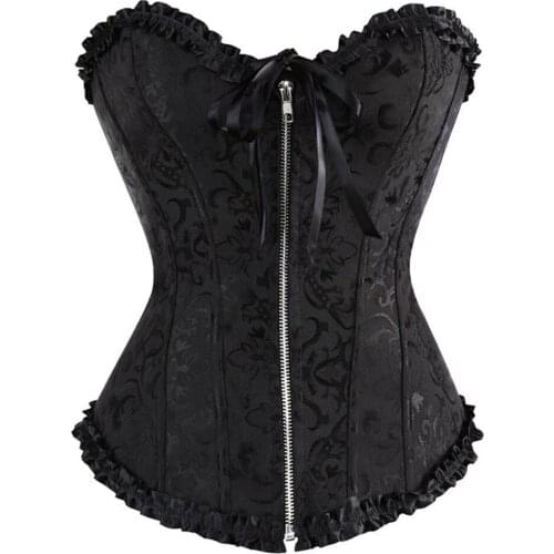 Sexy Overbust Corset Lace Up Erotic Zip up Floral Bustier for Women Corset Lingerie Top Brocade Victorian Fashion Corselet Black