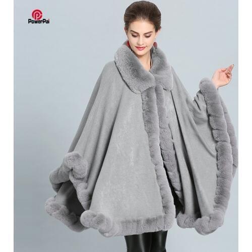 Fashion Luxury Handwork Rex Rabbit Fur Coat Cape Big Long Cashmere Shawl Full Trim Faux Fur Cloak Lapel Overcoat Women Winter