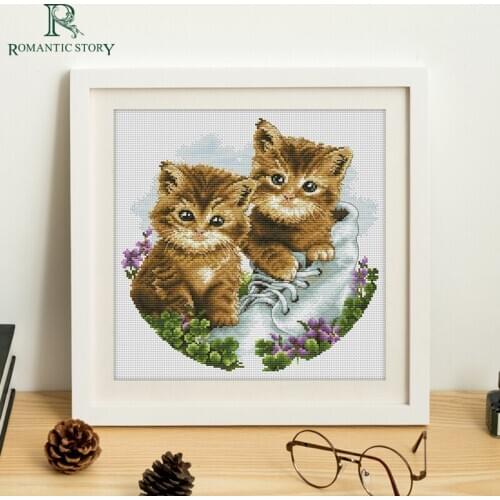 Romantic Story Cross Stitch Kits DIY Needlework For Embroidery Two naughty kittens on shoes,stitch cross