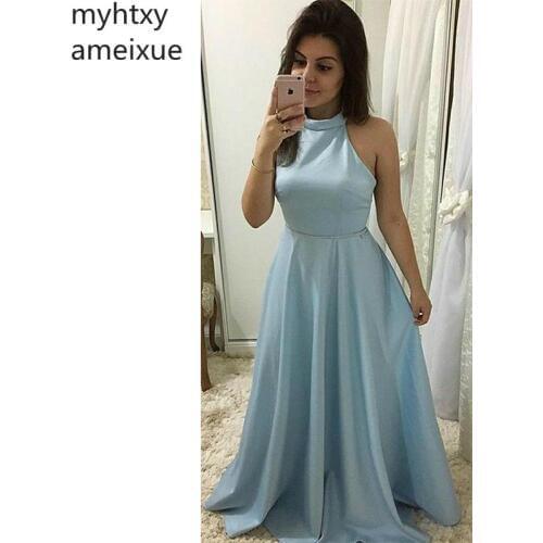 2020 New Simple Blue Sexy Cheap Plus Size Evening Dresses Halter Satin A-line Sleeveless Floor Length Fashion Long Custom Made