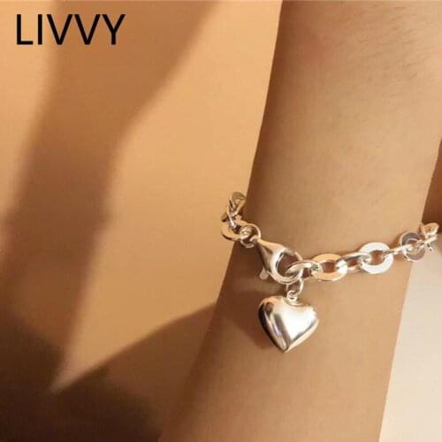 LIVVY NEW Love Heart Wide Hollow Chain Silver Color Bracelet Simple Unique Design Charm Jewelry Couple Gift