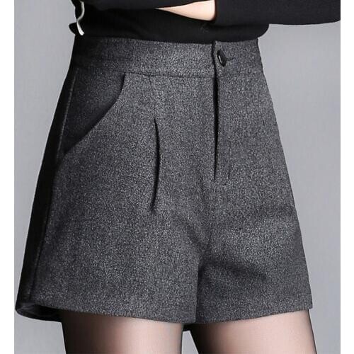 Winter Fall Casual Women High Waisted Grey Black Wide Leg Woolen Shorts , Autumn 2018 New Woman Female 3xl Loose Wool Shorts