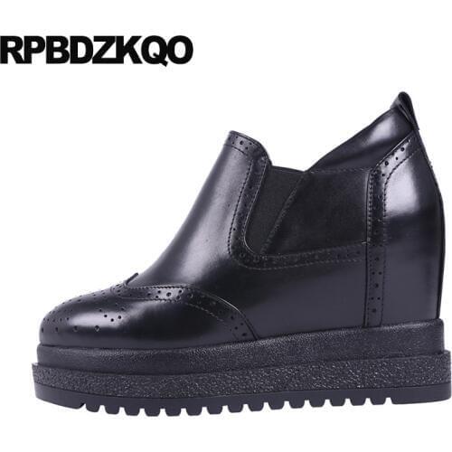 High Heels Genuine Leather Round Toe Creepers Brogue Pumps Black Ladies Hidden Size 4 34 Platform Shoes Fashion 2018 Harajuku