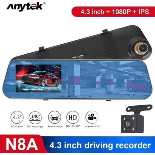 Anytek Full HD 1080P Car Dvr Camera Auto 4.3 Inch Rearview Mirror dash Digital Video Recorder Dual Lens Registratory Camcorder