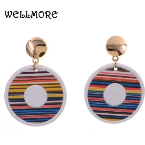 WELLMORE leather Multicolor striped round earrings Drop dangle earrings for women fashion Female jewelry whlesale