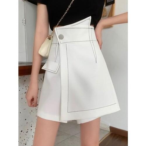 Temperament Retro Fashion High Waist White Bright Line Irregular Skirts Women Wrap Hip A Line Black Mujer Faldas Chic Korean