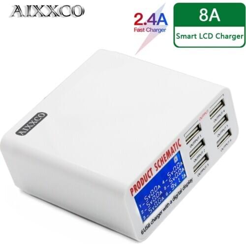 AIXXCO 6A with LCD Digital Display 6 Port USB Charger Fast Smart Charging Station for iPhone Xiaomi Huawei Samsung Tablet