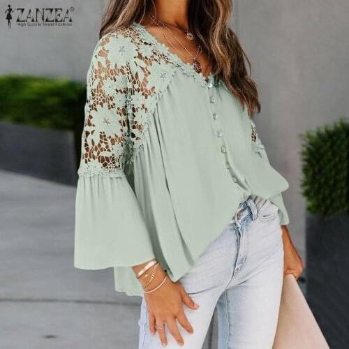 Casual V Neck 3/4 Sleeve White Tops 2021 ZANZEA Sexy Hollow Out Shirt Women Elegant Lace Crochet Blouse Summer Work Floral Blusa