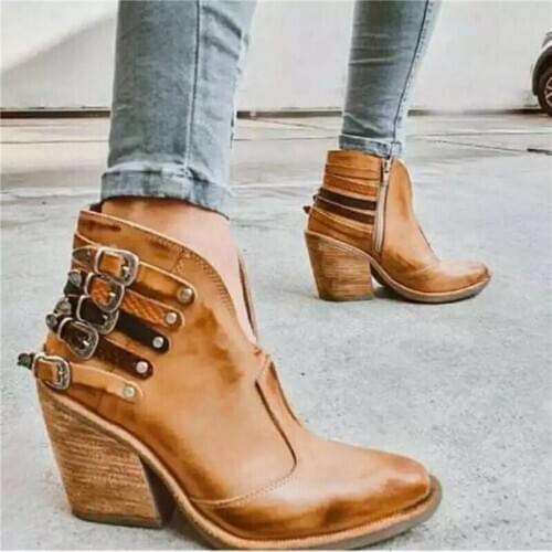 Women Boots Autumn PU Leather Chunky Heels Ankle Boots Fashion Pointed Toe Short Boot Buckle Strap Casual Winter Boots Plus Size