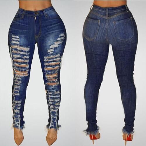 Echoine Women Hollow Out Blue Denim Jeans Sexy Pencil Pants High Waist Trousers Streetwear Pants