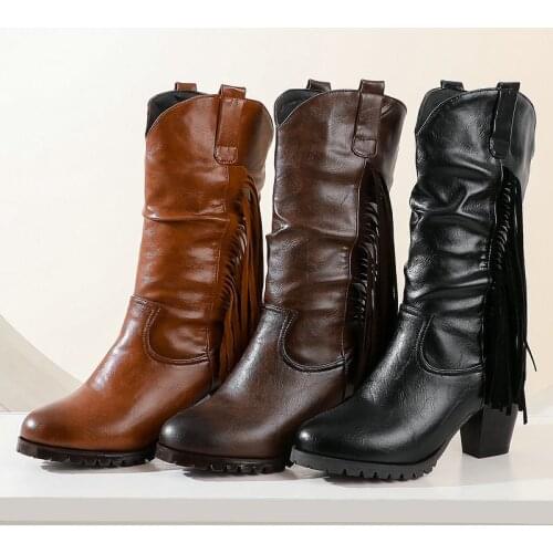 2021 European American New Ladies Short Boots Pleated Faux Leather Fashion Fringe All-Match Solid Color Mid-Calf Knight Boots