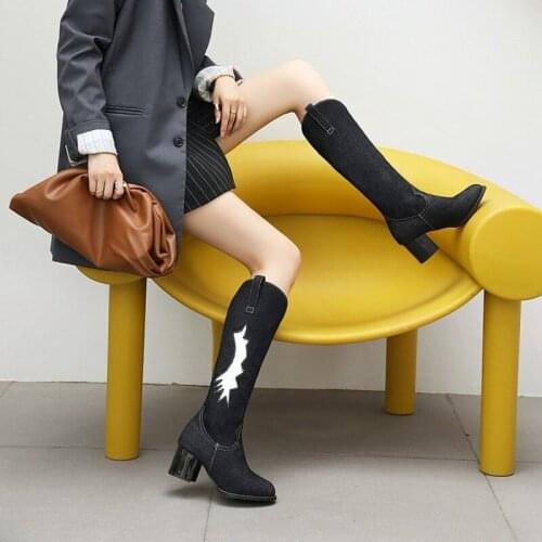 Women Western Cowboy Boots Women Square Heel Patchwork Appliques Denim Winter Shoes Women Round Toe High Heel Knee-High Boots