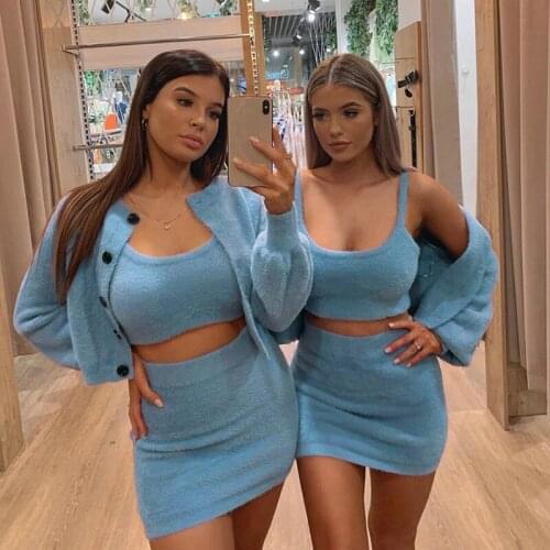 Autumn Three Piece Set Womens Fashion Long Sleeve Coat Sleeveless Tube Elastic High Waist Short Skirt 3Pcs Plush Solid Color Set