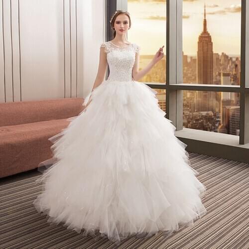 New robe de marie lace Pearls Sleeveless O neck Puffy Fashion Wedding Dresses for bride vestido de noiva 2019