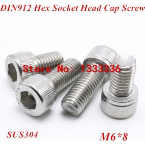 100pcs M6*8 DIN912 Hex socket head cap screw, 304 stainless steel Hexagon Allen Cylinder bolt