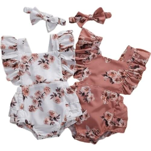 0-24M Newborn Baby Girls Flowers Print Ruffles Short Sleeve Romper Headband 2pcs Cute Baby Clothing
