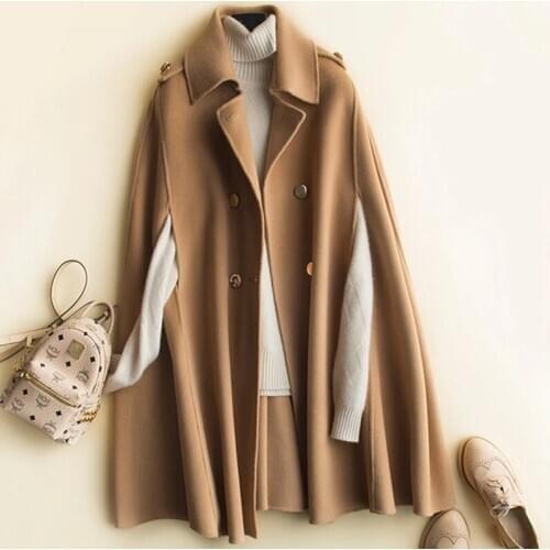 2021 100% Wool Mid Long Bat Cape Women Woolen Coats Spring Loose Double Sided Cashmere Outerwear Female Fashion Brown Clothes