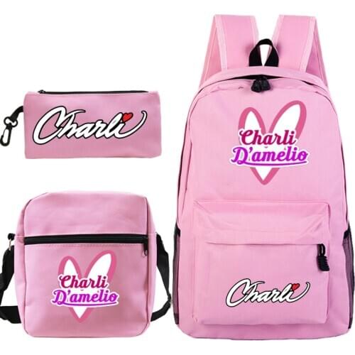 3Pcs/Sets Backpack Charli D'Amelio New School Shoulder Bag Pencil Case Charli D'Amelio Back to School Gift Backpack for Children