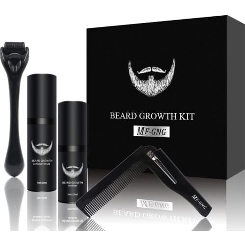 4 Pcs/set Barber Beard Growth Kit Professional Hair Growth Enhancer Set Nourishing with Beard Growth Roller Massage Comb for Men