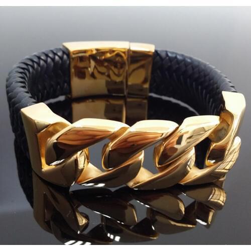 9.05"*24mm 100g New Fashion Smooth Jewelry Stainless Steel Gold Curb Chain Mens Boys Bracelet Bangle With Genuine Leather