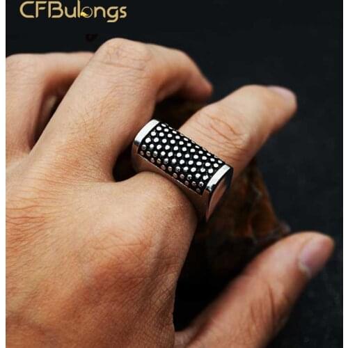 CFBulongs Retro Style Black Geometric Pitting Mens Ring 316L Stainless Steel Punk Hip Hop Jewelry Fashion Gift