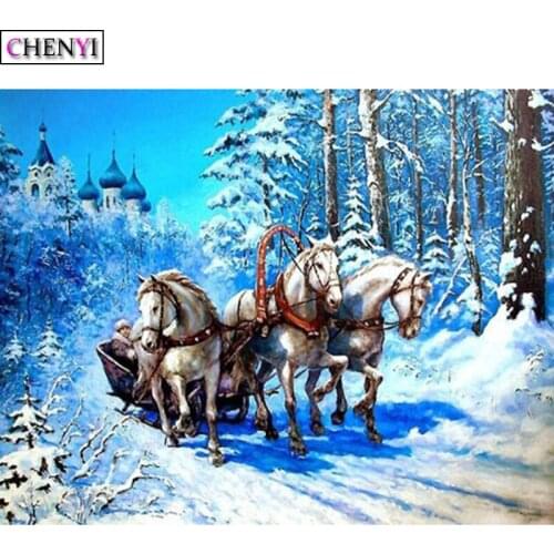 CHENYI Diamond Embroidery Scenery Snow 5D Diamond Painting Cross Stitch Horse Picture of Rhinestones Home Decor Christmas Gifts
