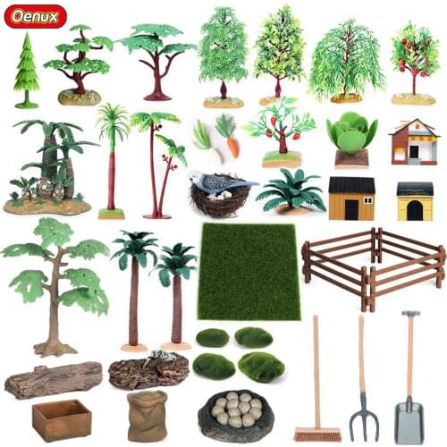 Oenux Simulation Zoo Farm Farmer Scenes Home Decoration Palm Trees Shove Feed Animals Model Action Figures Educational Kids Toy