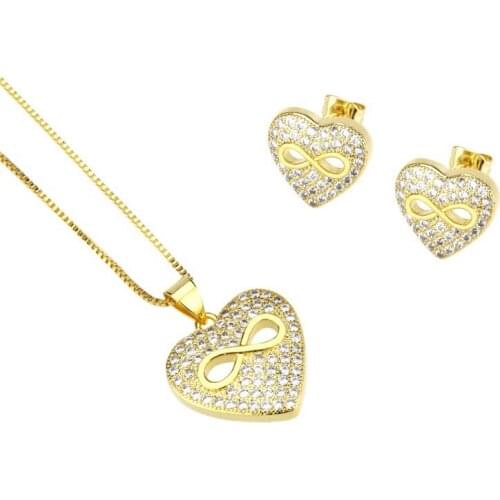 Funmode Gold Color Small Heart Shape CZ Pendant Necklace Jewelry Sets For Women Party collier femme luxe Wholesale FS75