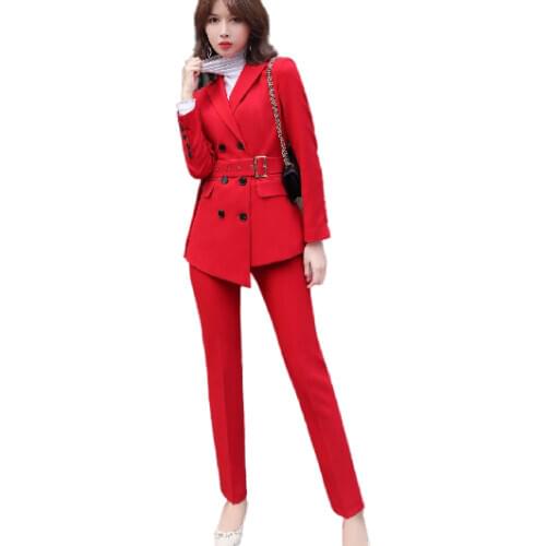 Womens Black Red Office Work Suits Double Breasted Blazer with Pants Sets 2 Pieces Belt Jacket and Pants Business Trousers Suite