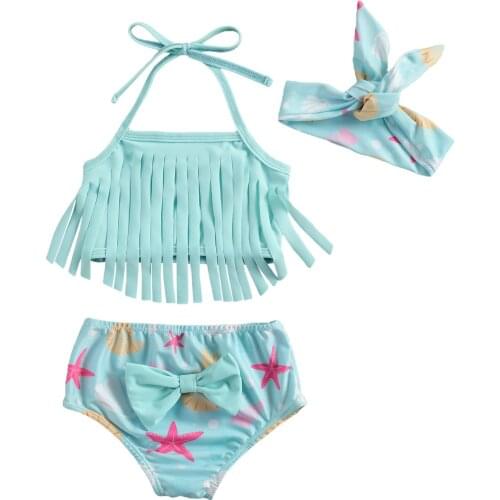 Pudcoco 0-3 Years Baby Girl Swimsuit Sling No-Sleeve Tassels Split Hem Tops Fast Dry Cartoon Printed Shorts Beach Clothes Summer