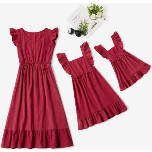Summer Mom and Toddler Girl Matching Red Dresses Cotton Mother Kids Outfits Fathers Day Outdoor Play Wear Daddys Lover Dress