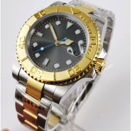 40mm Automatic Men Watch 24 Jewels NH35 MIYOTA 8215 Date Brushed Oyster Strap Gold Insert