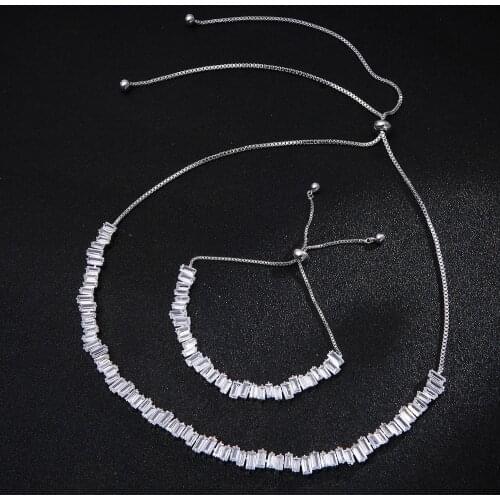 Popular AAA cubic zirconia Brand Baguette Women choker necklaces earrings jewelry set adjustable length trendy geometric IN03