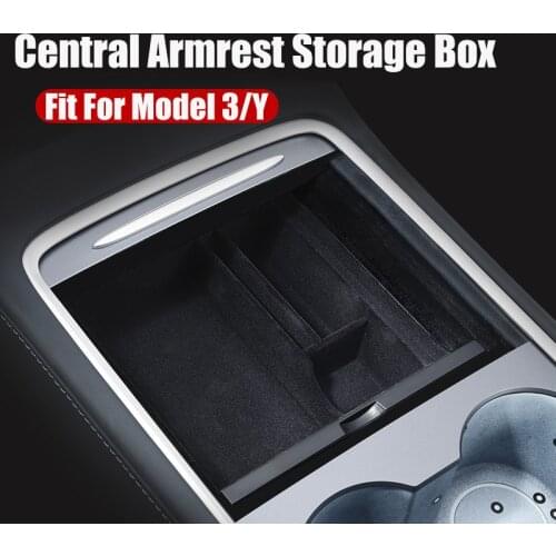 New For Tesla Model 3 Y 2021 Car Central Armrest Storage Box Organizer Center Console Flocking/ABS Organizer Containers Holder