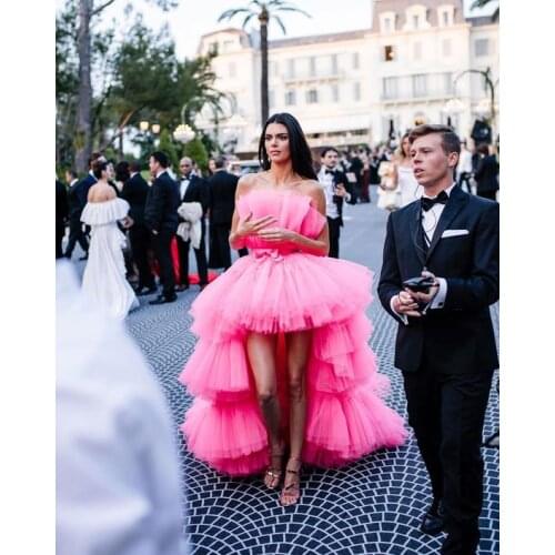 New Arrival High Low Pink Prom Gowns StraplessrTiered Tulle Hi Low Evening Party Dress with Ruched Evening Dress