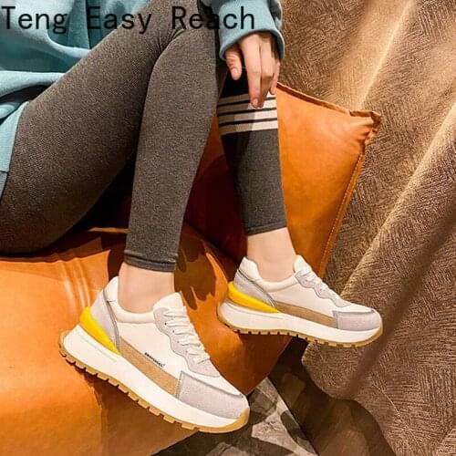 Shoes Women Natural Genuine Leather Flat Platform Sneakers Lady Casual Shoes Lace Up Mixed Colors Footwear Spring White