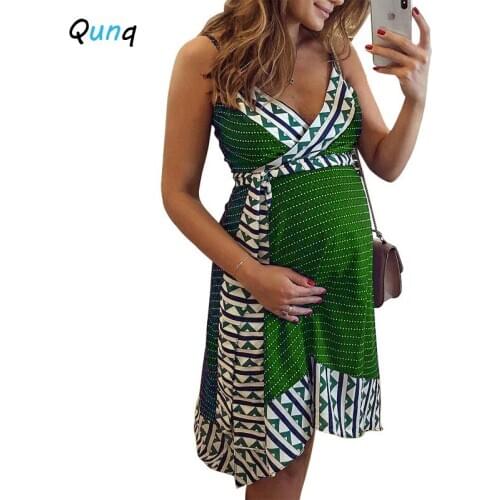 Qunq Maternity Dresses Summer Sling Sexy Dress for Pregnant Woman Geometric Prints Maternity Gown Clothing with Sashes