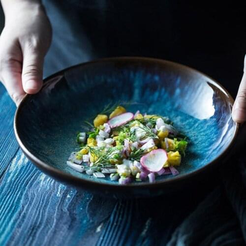 Retro Dark Green Bird Pattern Old Creative Underglaze Color Deep Dish Fruit Dish Salad Dish Easy To Use Deep Dish Pizza Plate