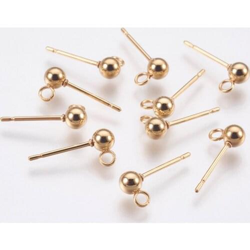 100pcs/lot Golden Stainless Steel 3mm Round Ball Stud Earrings Findings with Loop for Women DIY Earring Jewelry Making Supplies