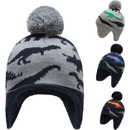 Earflap Hat Winter Boy Knit Beanie Warm Fleece Autumn Pompom Skiing Dinosaur Animal Cartoon Outdoor Accessory Toddler Baby