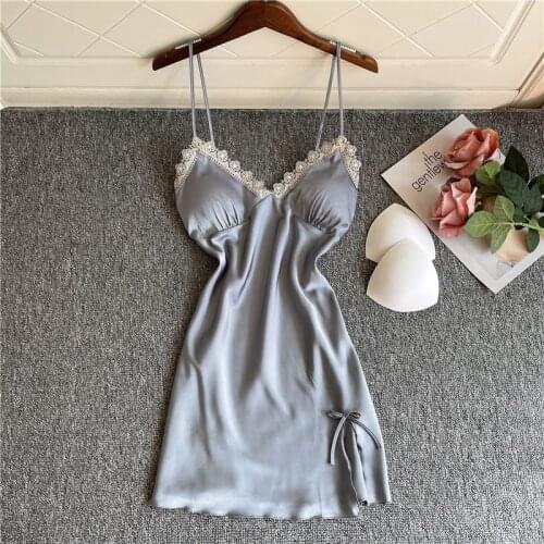 Silky Gray Nightgown Female Sleepwear Spaghetti Strap Nightdress Sexy Sleep Dress Intimate Lingerie Solid Nightwear Home Clothe