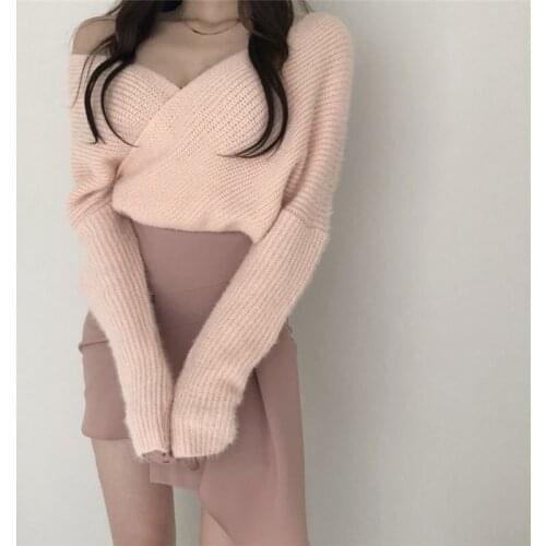 Autumn Women Korean Sweaters Pink Solid Soft Warm Loose Elegant Chic Sexy Cross V-Neck Sweet Knitted Tops Gentle Pullovers Woman