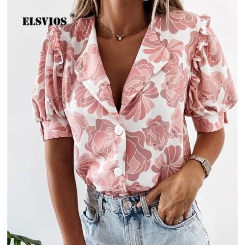 2021 Women Summer Casual Slim Blouse Turn-down Collar Short Sleeve Buttons Blouses Elegant Print Ruffle Ladies Office Shirt Tops