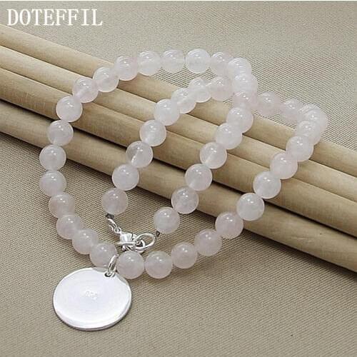 DOTEFFIL 925 Sterling Silver Pink Agate Beaded Round Pendant Necklace For Women Wedding Engagement Fashion Jewelry