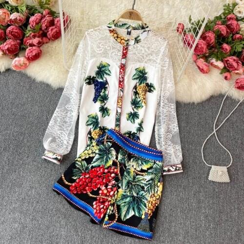 Runway Summer Suits Women White Sexy See Through Lace Sleeve Floral Print Shirts + Grapes Wide Legs Shorts Sets Fashion Outfits